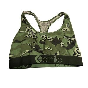 Ethika Womens Green Camo Leopard Print Racerback Sports Bra Logo Band